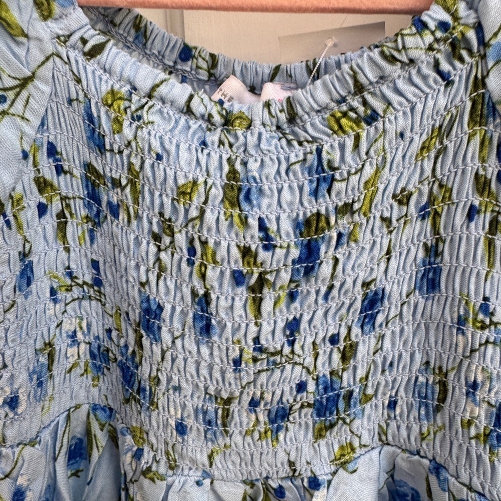 🎊HP🎊NWT The Children's Place 3T Girl Blue Floral Smocked Puff Short Sleeve Dress - Picture 3 of 6